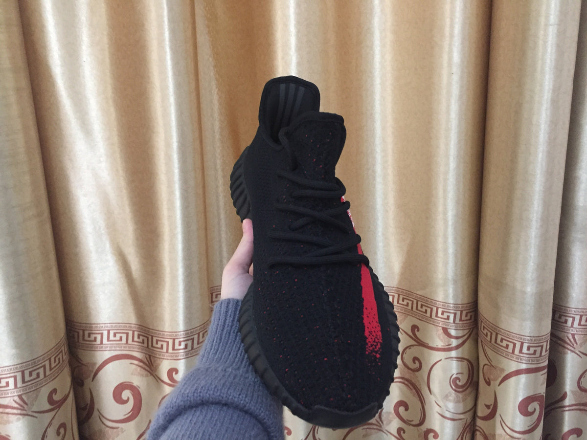 Yeezy 350 V2 Black and Red Knit Sneakers