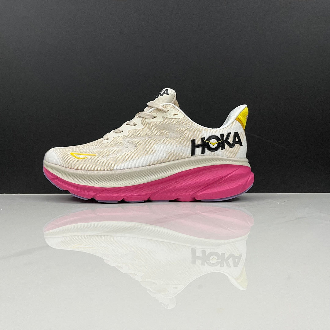 HOKA Clifton 9 Running Shoes in Ivory and Pink