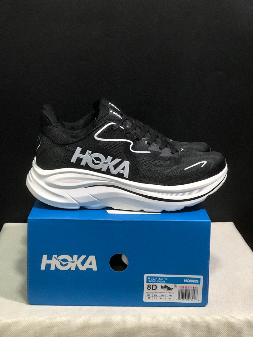 HOKA Clifton 10 Black and White Running Shoes