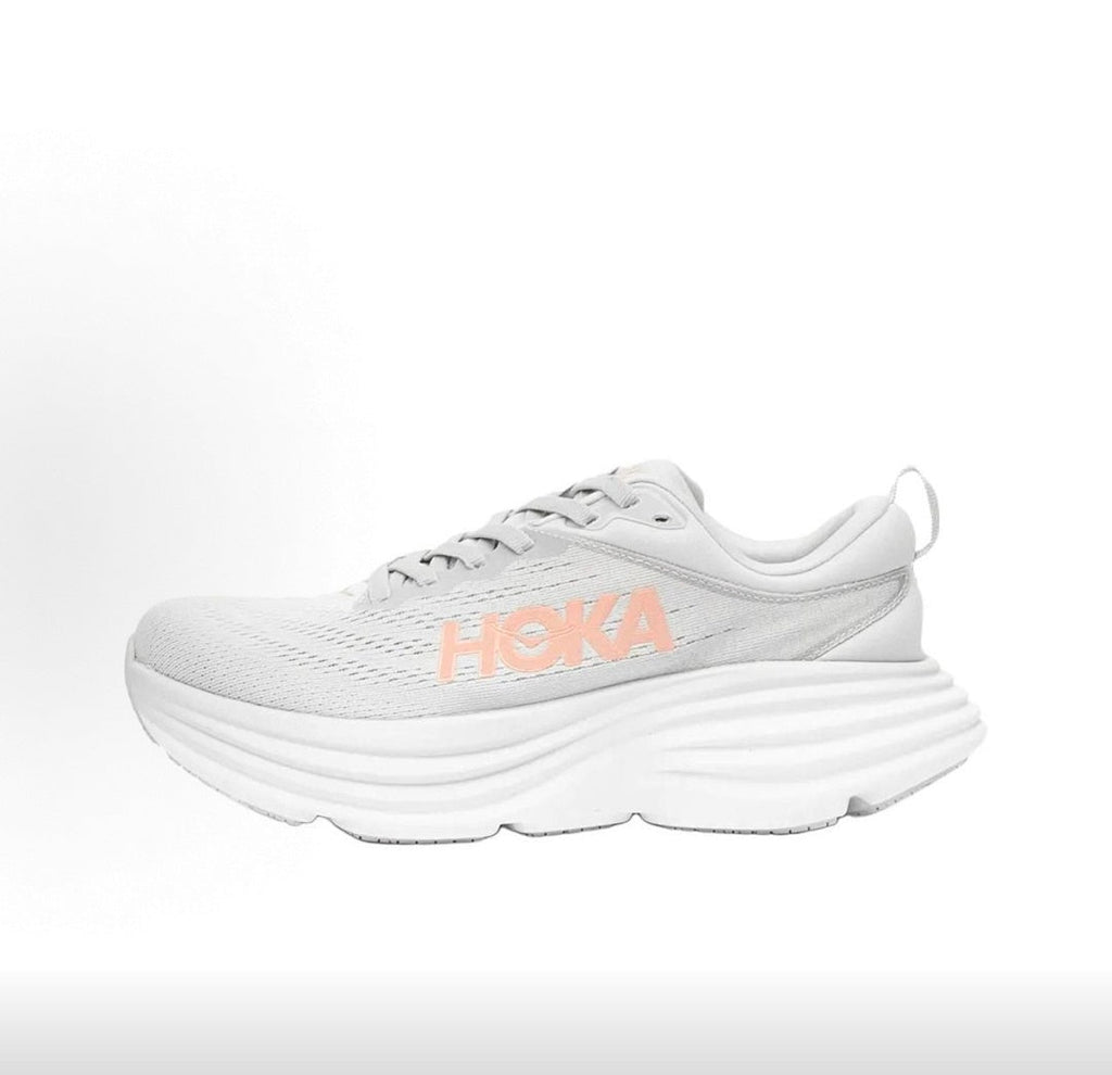 HOKA Bondi 8 Gray and Coral Running Sneakers