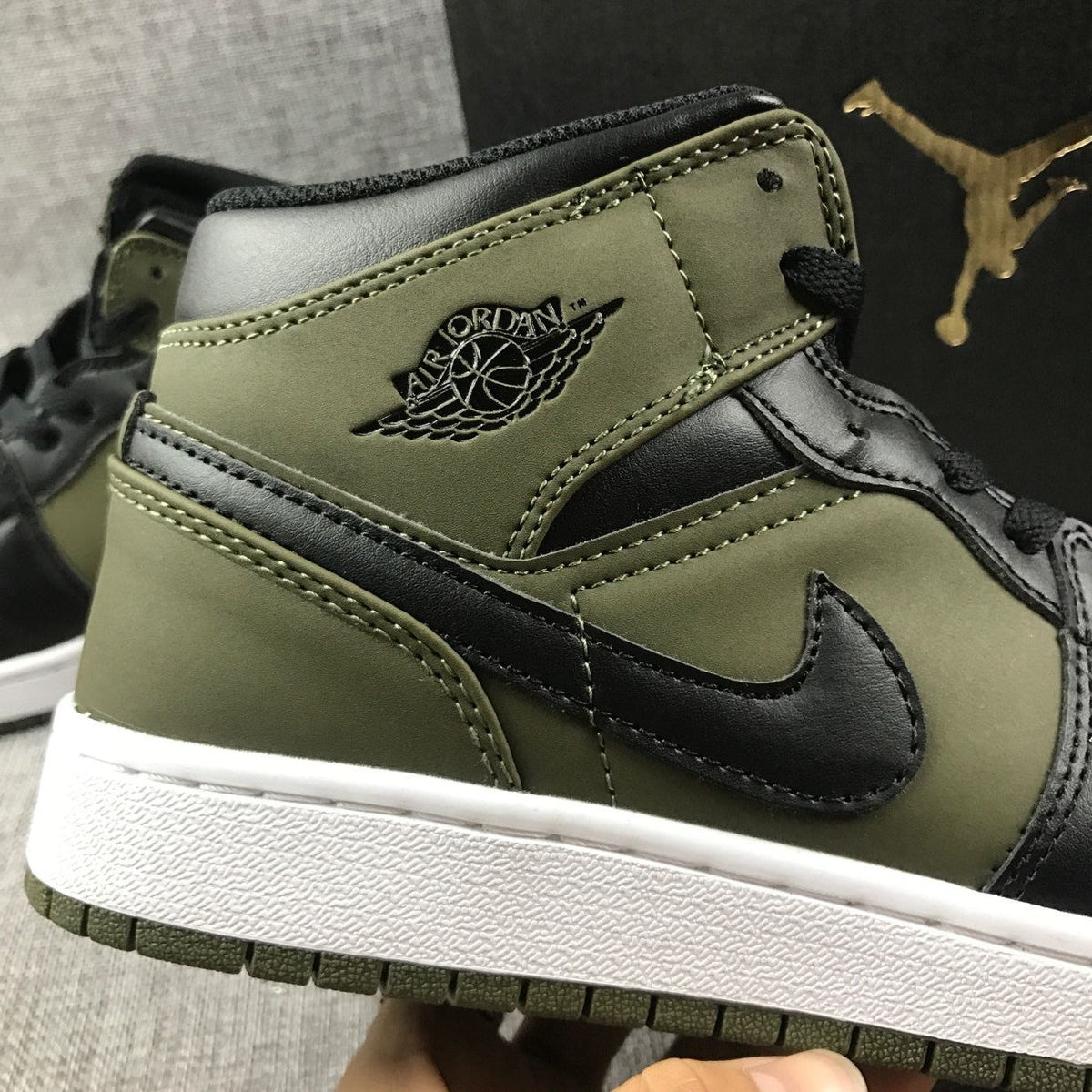 Jordan 1 Mid Sneakers in Black and Olive Green