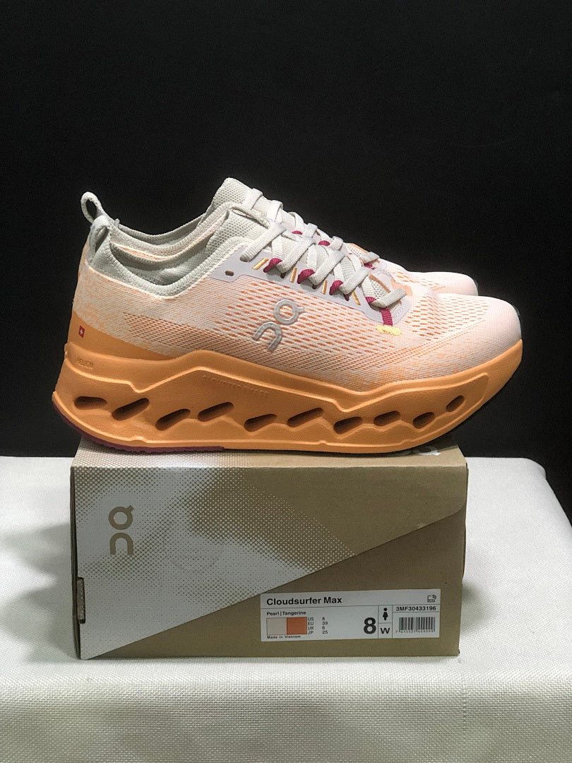 On Cloudsurfer Max Running Shoes in Pearl and Tangerine