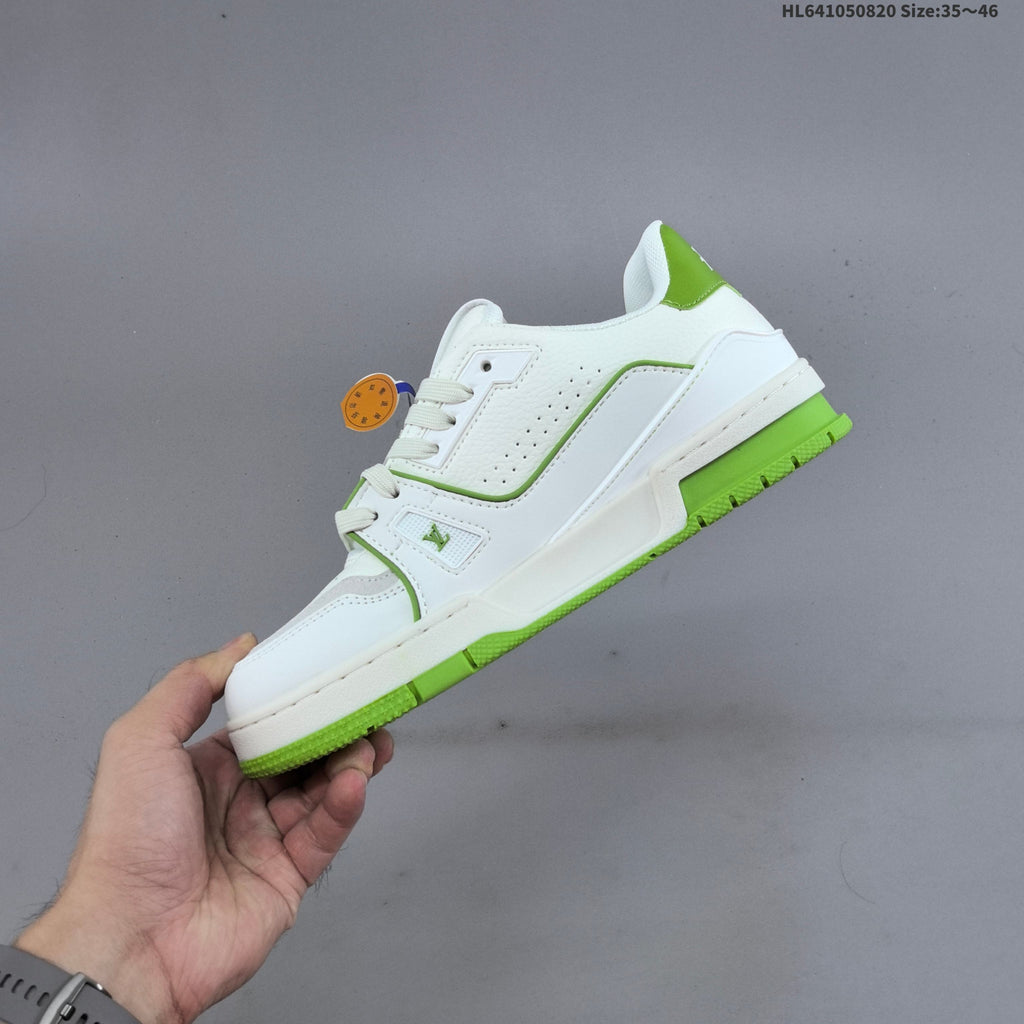 Louis Vuitton Trainer Low-Top Sneakers, White and Green/Blue