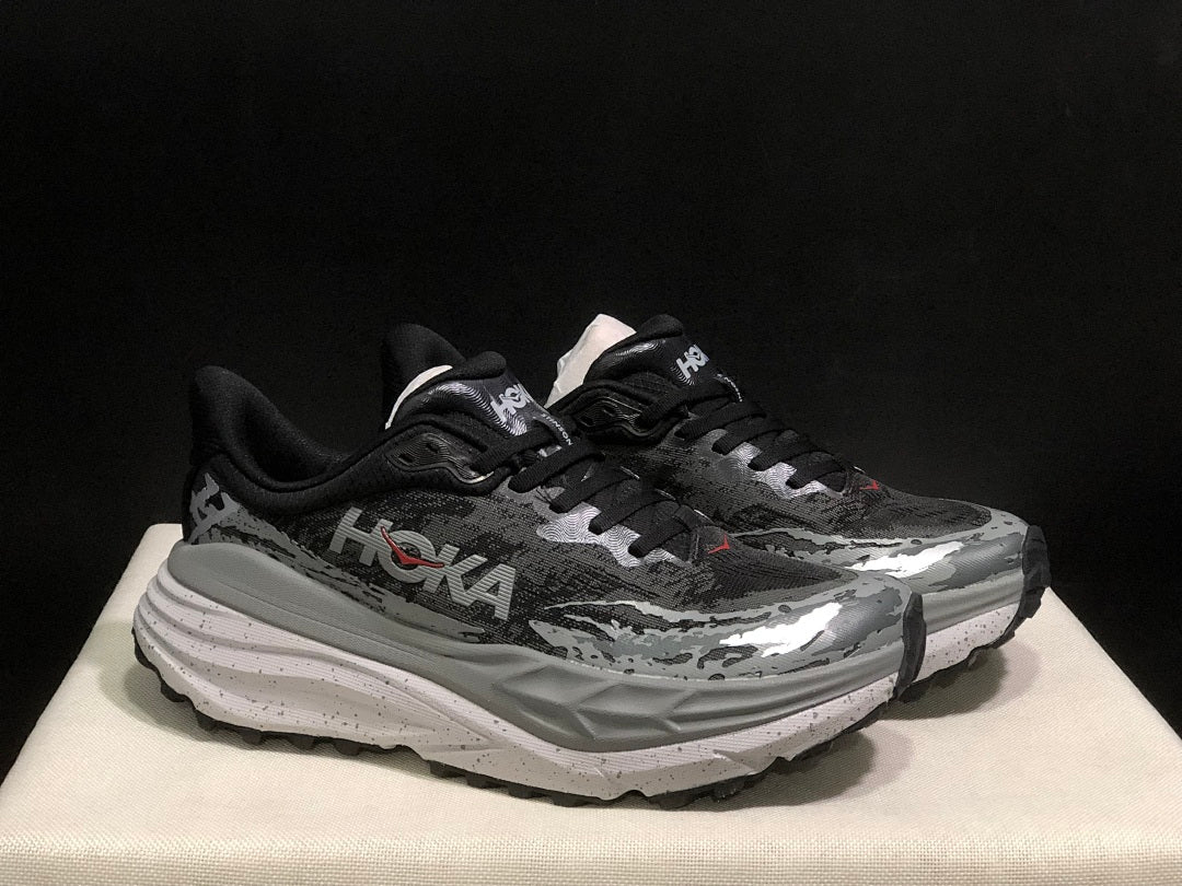 HOKA Stinson 7 Trail Running Shoes in Black and Gray