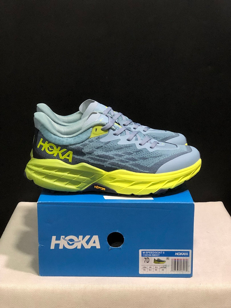HOKA Speedgoat 5 Trail Running Shoes, Blue and Lime