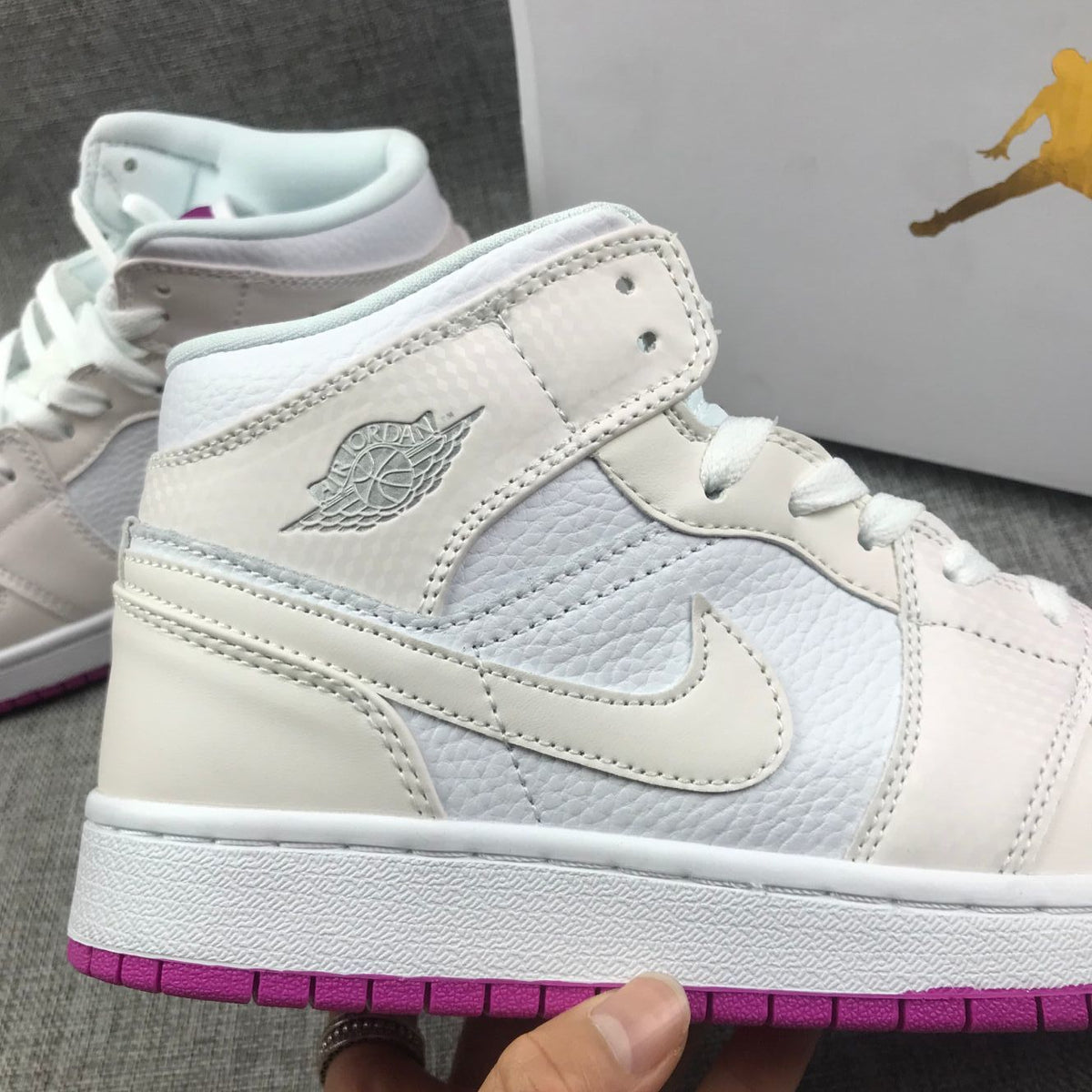 Jordan 1 Mid Grey White Fuchsia High-Top Sneakers