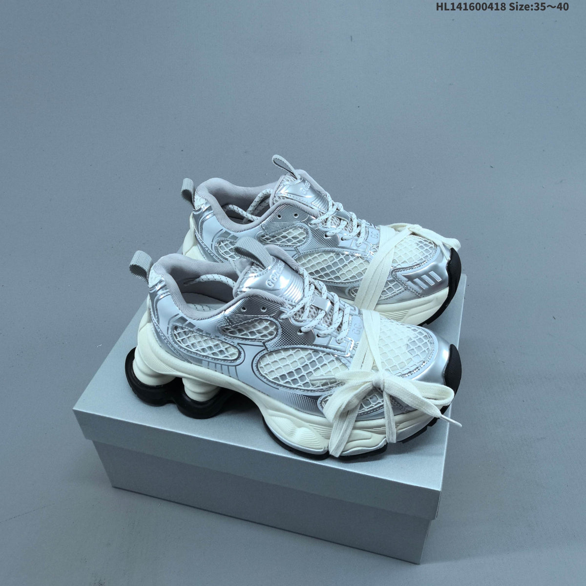 Chunky Platform Sneakers in Silver and White with Mesh Panels