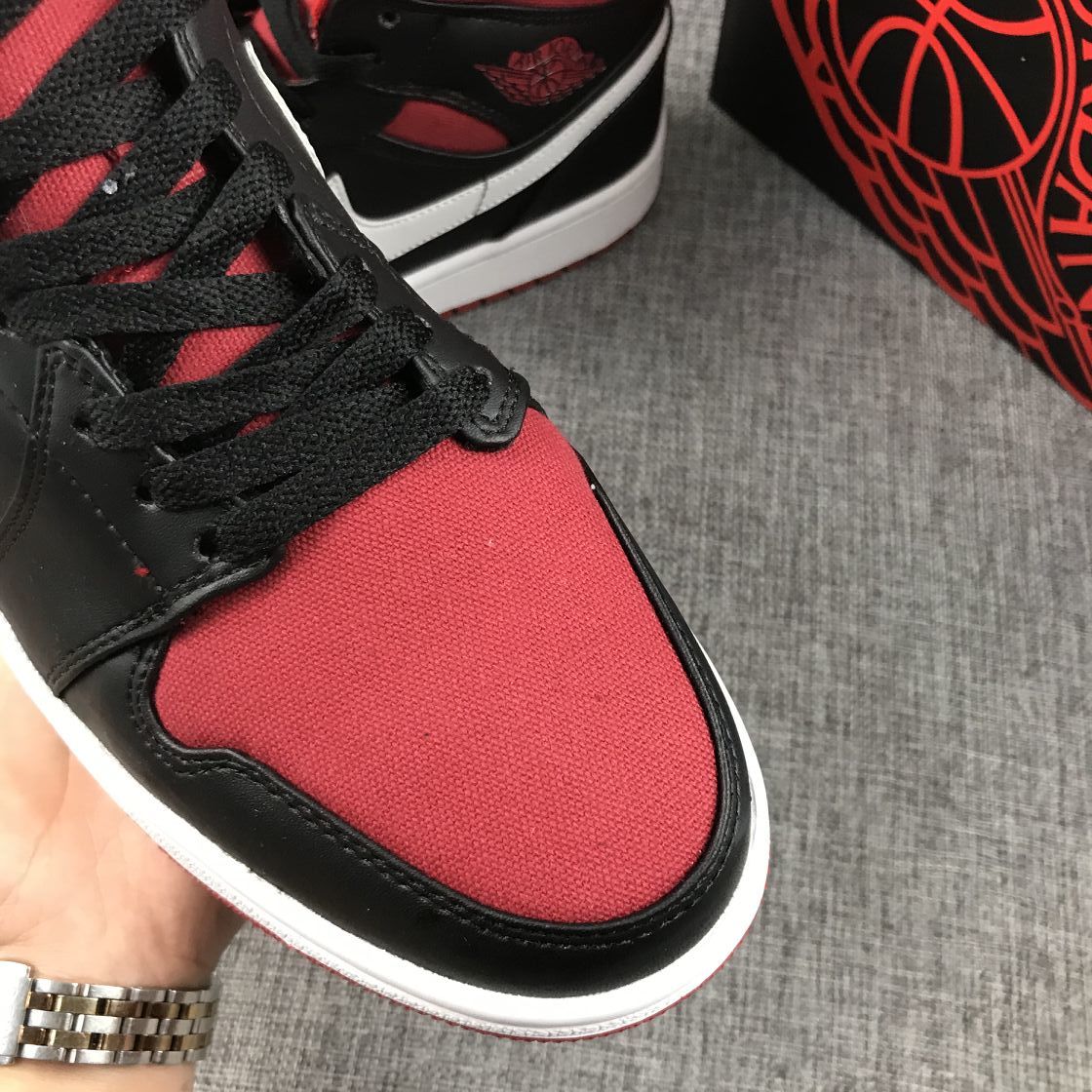 Jordan 1 Mid Black Red Canvas-Style Sneakers 554724-020