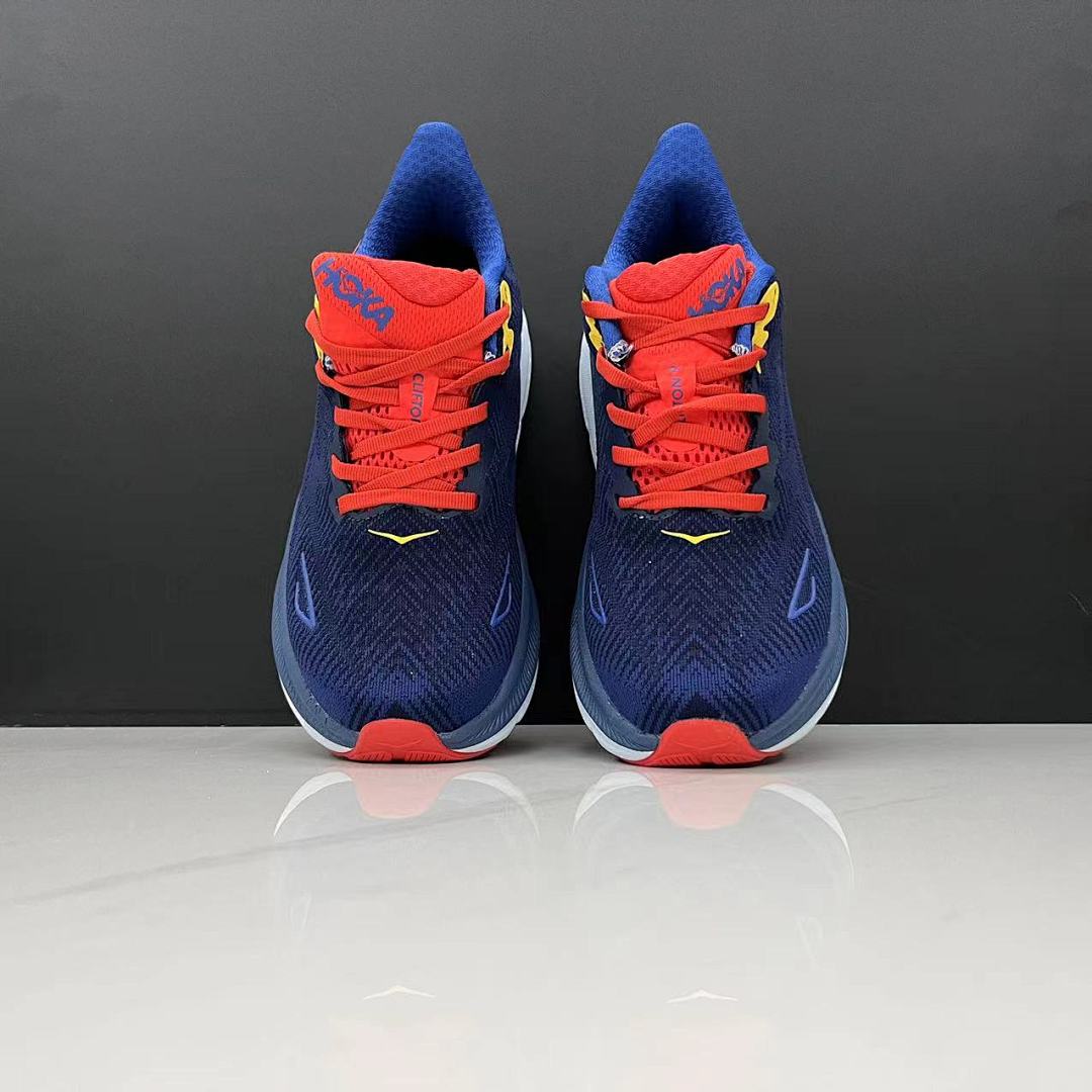 HOKA Clifton 9 Running Shoes in Navy, Red and Yellow