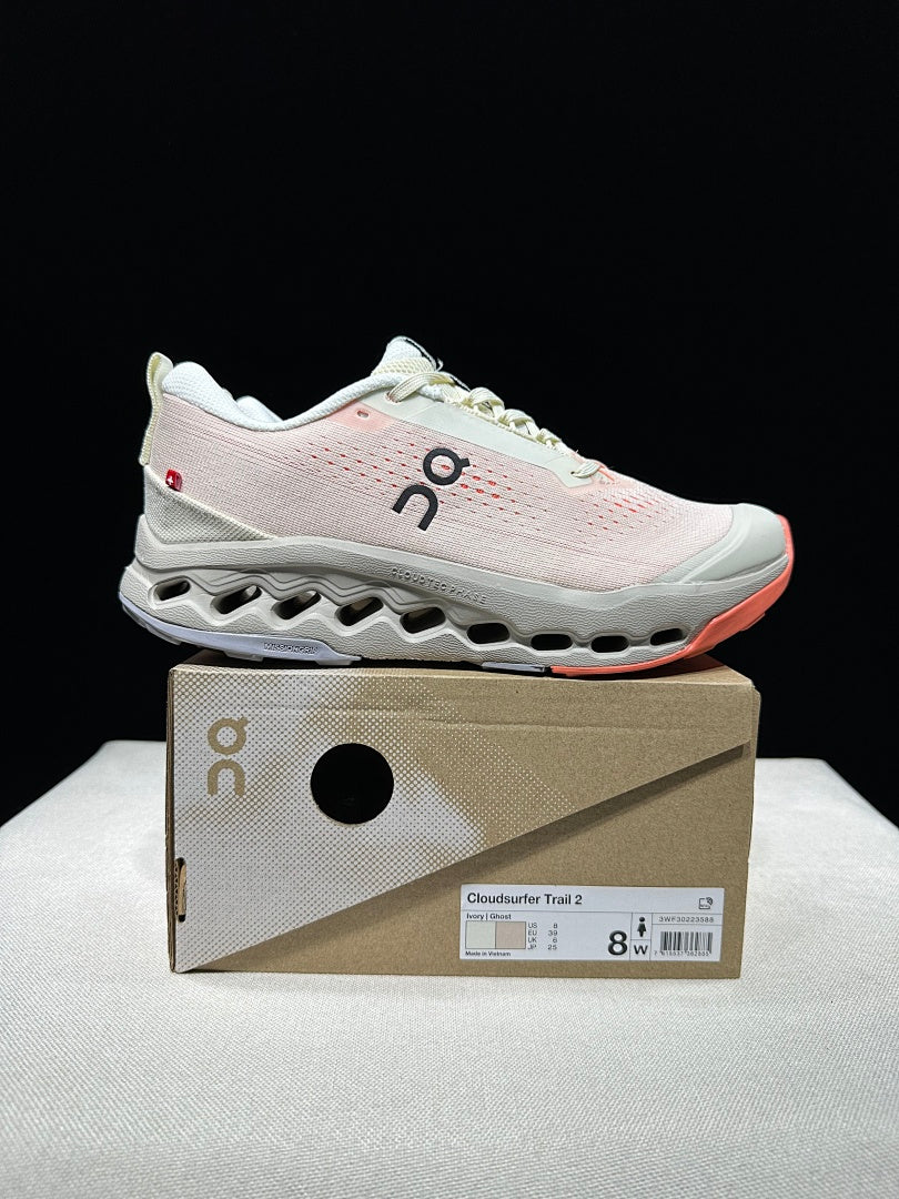 On Cloudsurfer Trail 2 Trail Running Shoes, Ivory and Coral