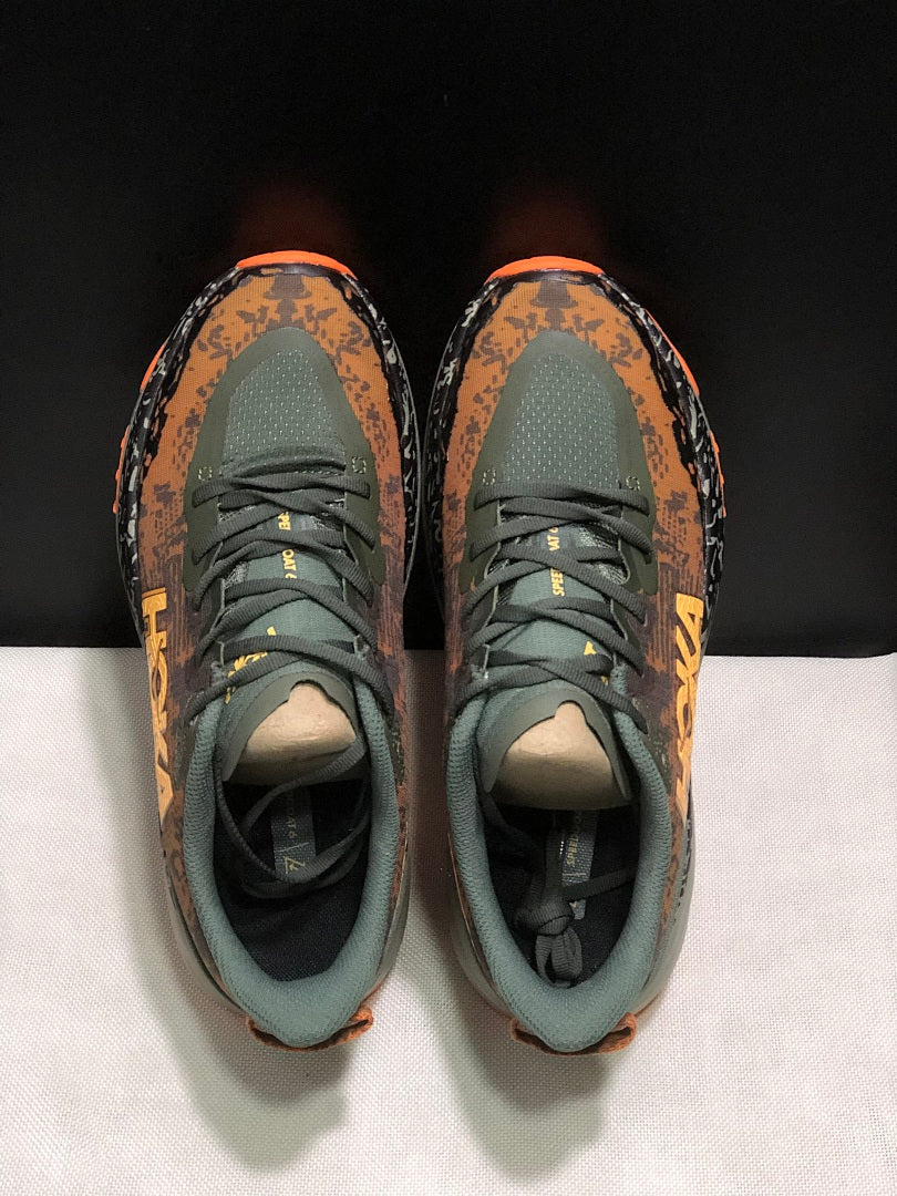 HOKA Speedgoat 6 Trail Running Shoes in Olive and Orange