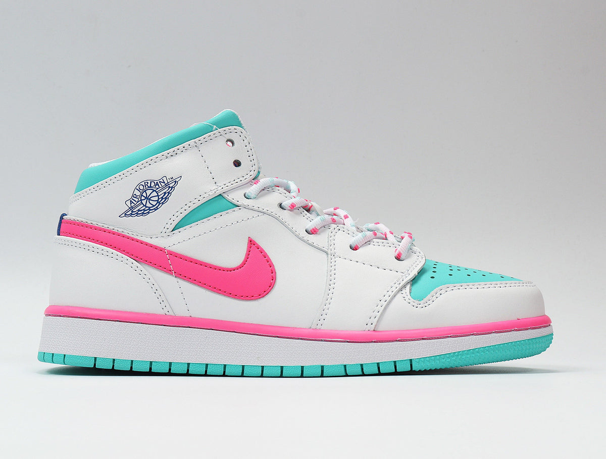 Jordan 1 Mid Sneakers White Pink Turquoise 555112-102