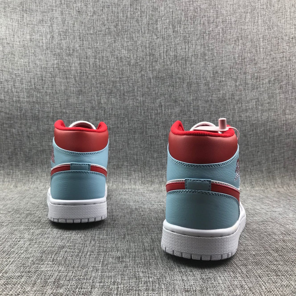 Air Jordan 1 Mid Ice Blue White and Red Sneakers 555112-104