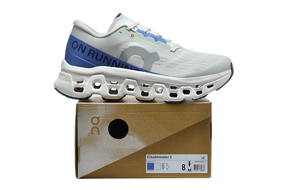 On Cloudmonster 3 Running Shoes in White and Blue