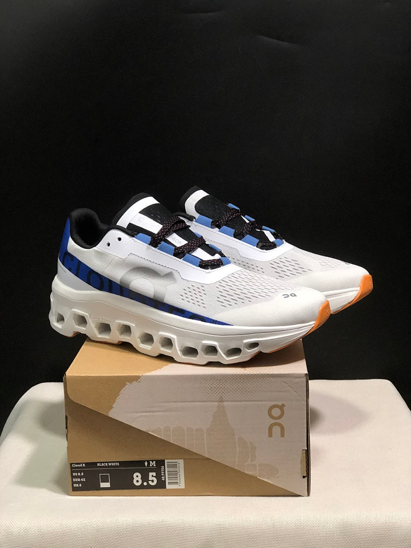 On Cloudmonster Sneakers in Mist White and Blue