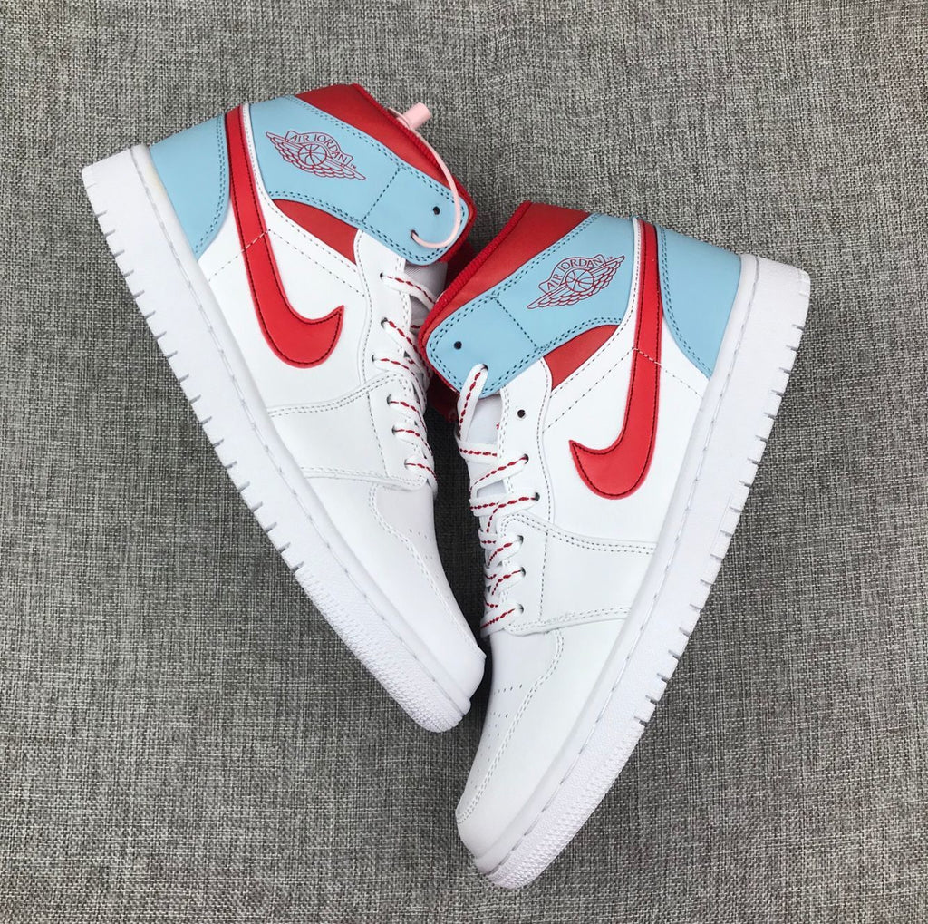Air Jordan 1 Mid Ice Blue White and Red Sneakers 555112-104