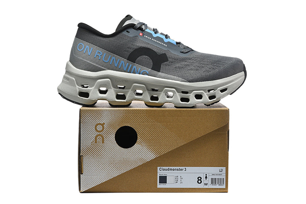 On Cloudmonster 3 Running Shoes, Gray Black Blue