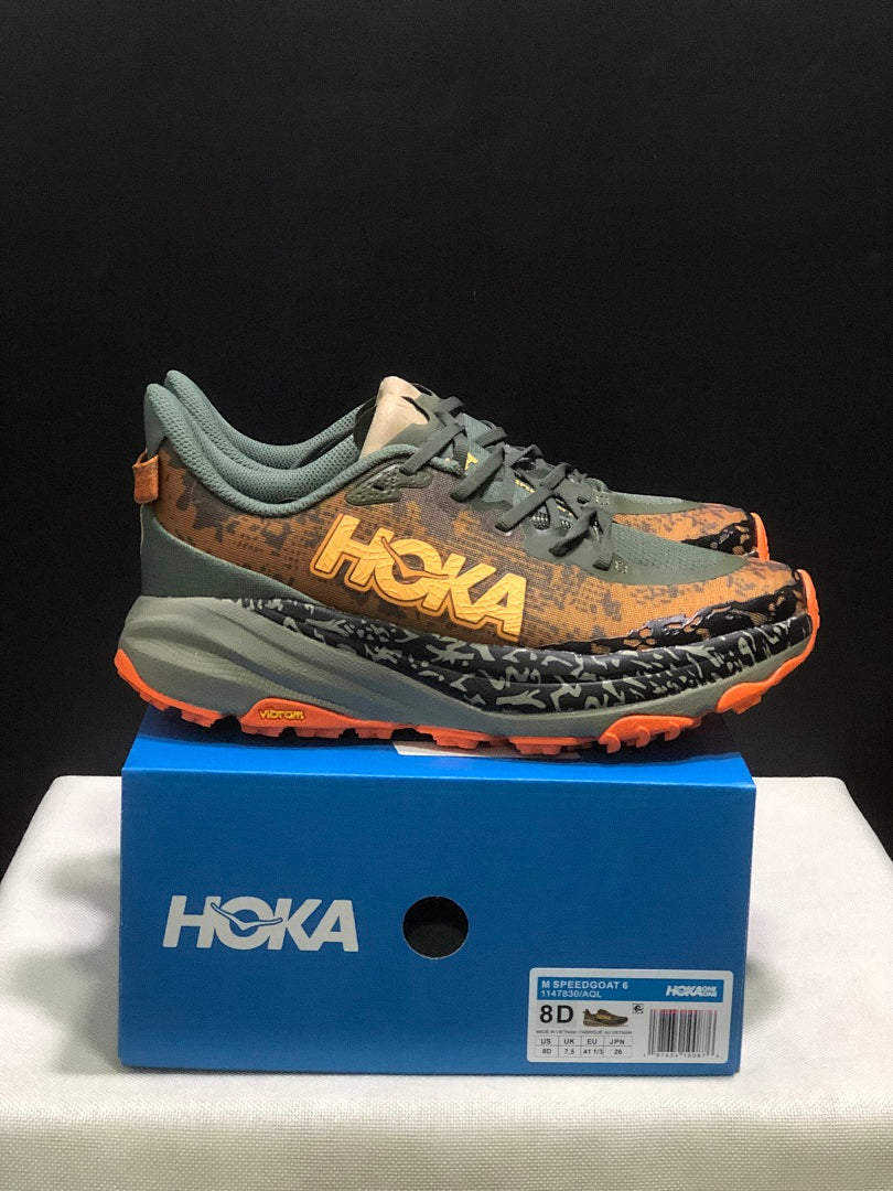 HOKA Speedgoat 6 Trail Running Shoes in Olive and Orange