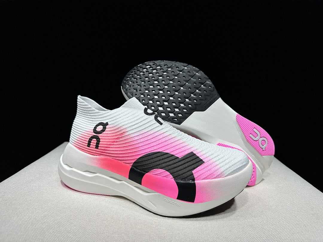 On Cloudboom Strike LS Running Shoes in Pink and White