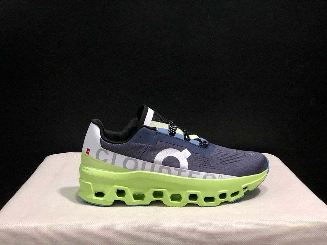 On Cloudmonster Running Shoes in Navy and Lime