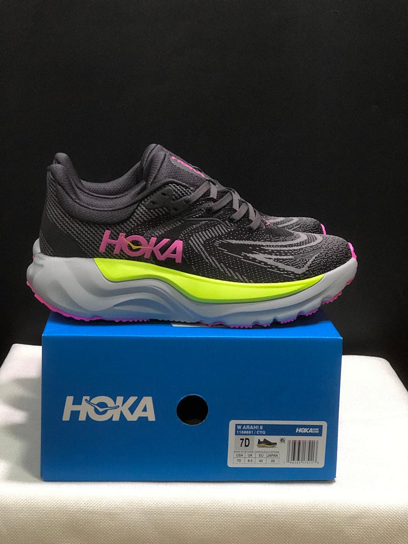 HOKA Arahi 8 Running Shoes, Black and Neon Yellow