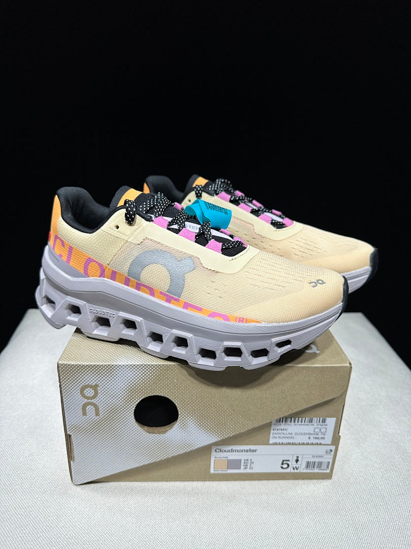 On Cloudmonster Running Shoes, Pale Yellow and Orange