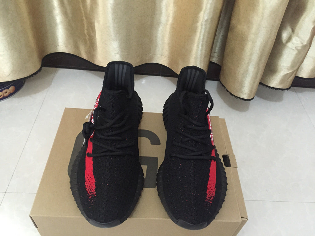 Yeezy 350 V2 Black and Red Knit Sneakers