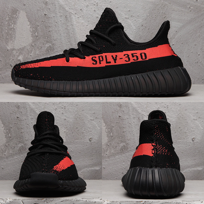Yeezy 350 V2 Black and Red Knit Sneakers