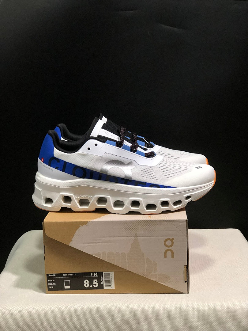 On Cloudmonster Sneakers in Mist White and Blue