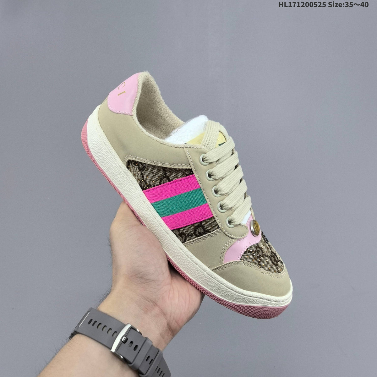 Gucci Screener Distressed Low-Top Sneakers Beige Pink Green
