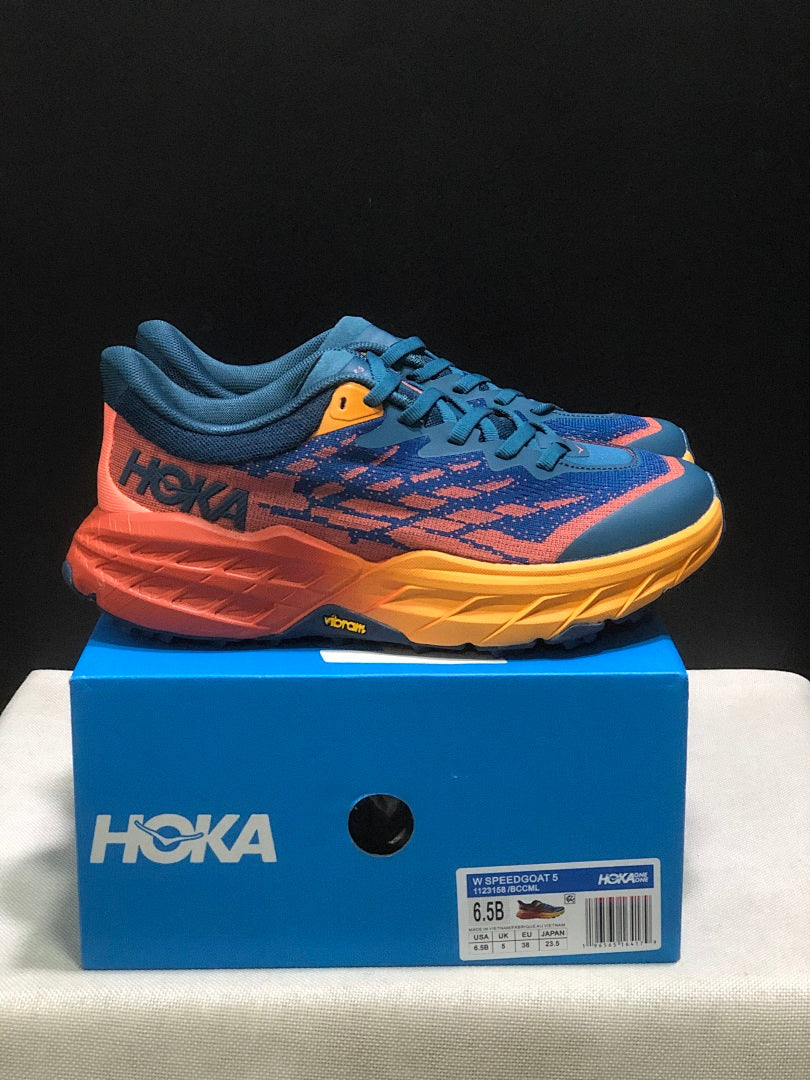 HOKA Speedgoat 5 Trail Running Shoes, Blue and Orange