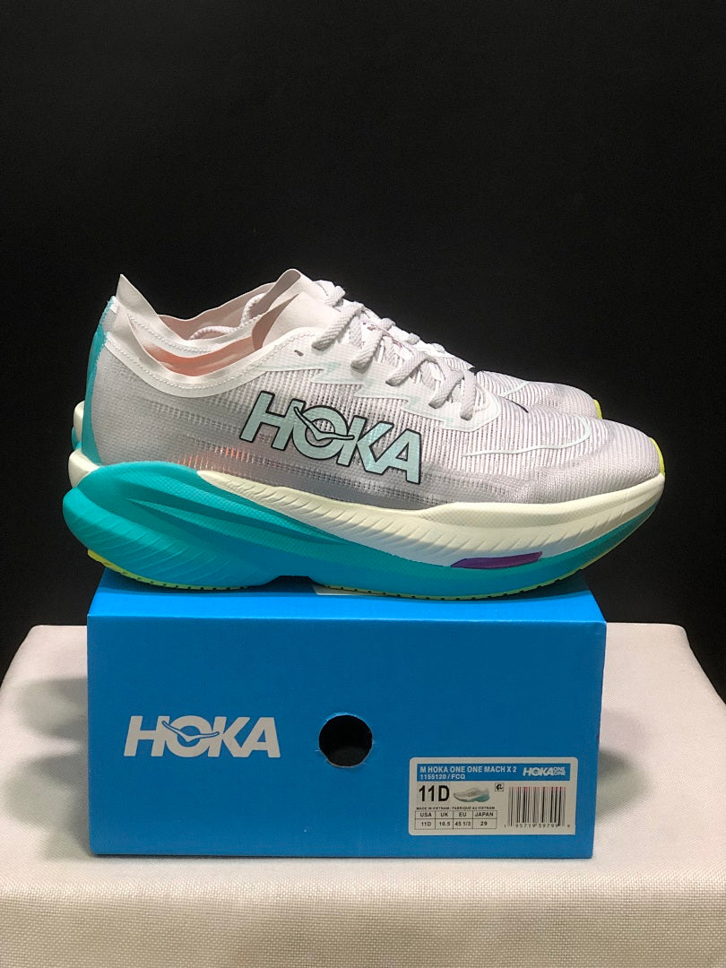 HOKA Mach X 2 Running Shoes, White and Turquoise