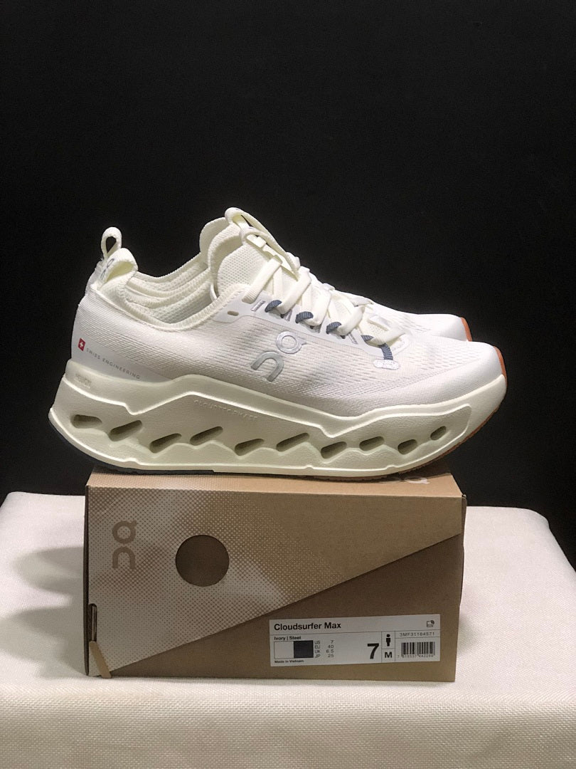 On Cloudsurfer Max Ivory Steel Grey Running Shoes