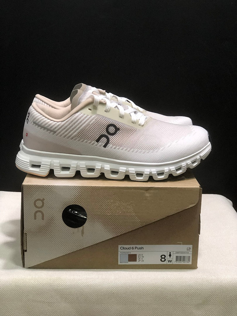 On Cloud 6 Push Sneakers in White and Beige