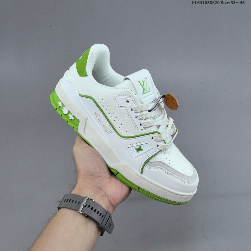 Louis Vuitton Trainer Low-Top Sneakers, White and Green/Blue
