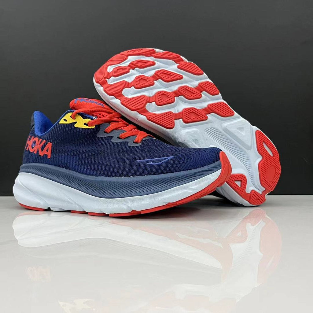 HOKA Clifton 9 Running Shoes in Navy, Red and Yellow