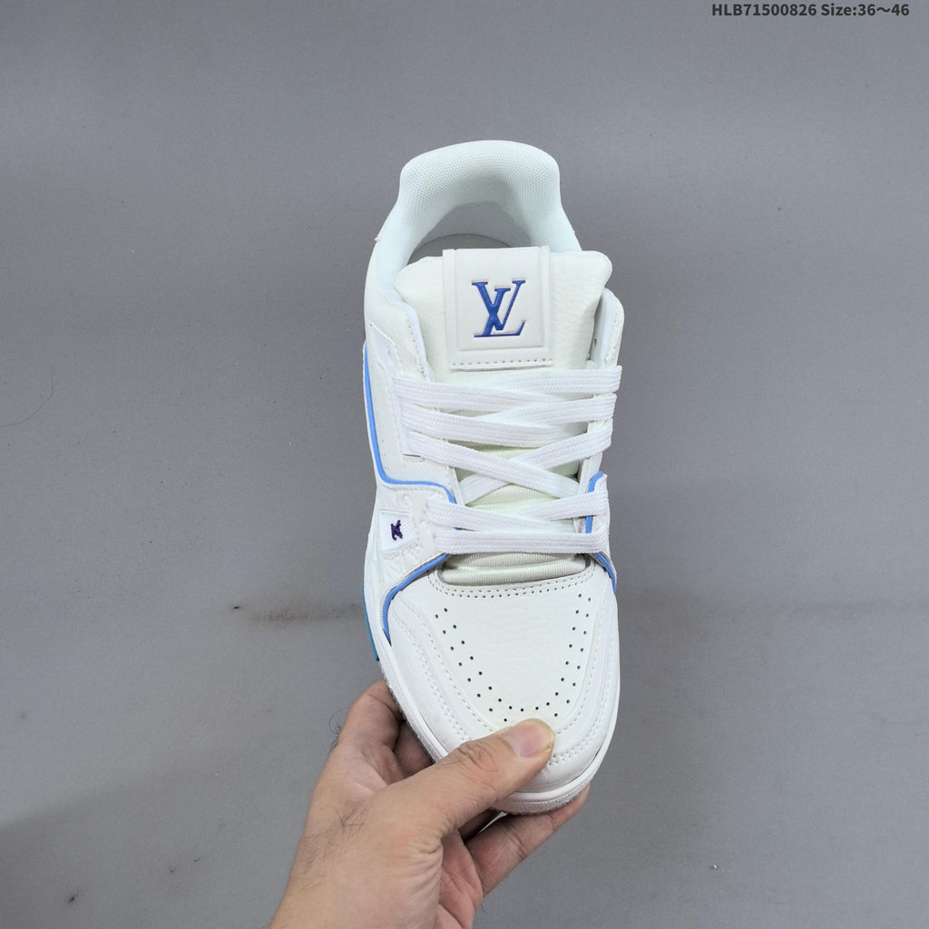 Louis Vuitton White Low-Top Sneakers with Blue Accents