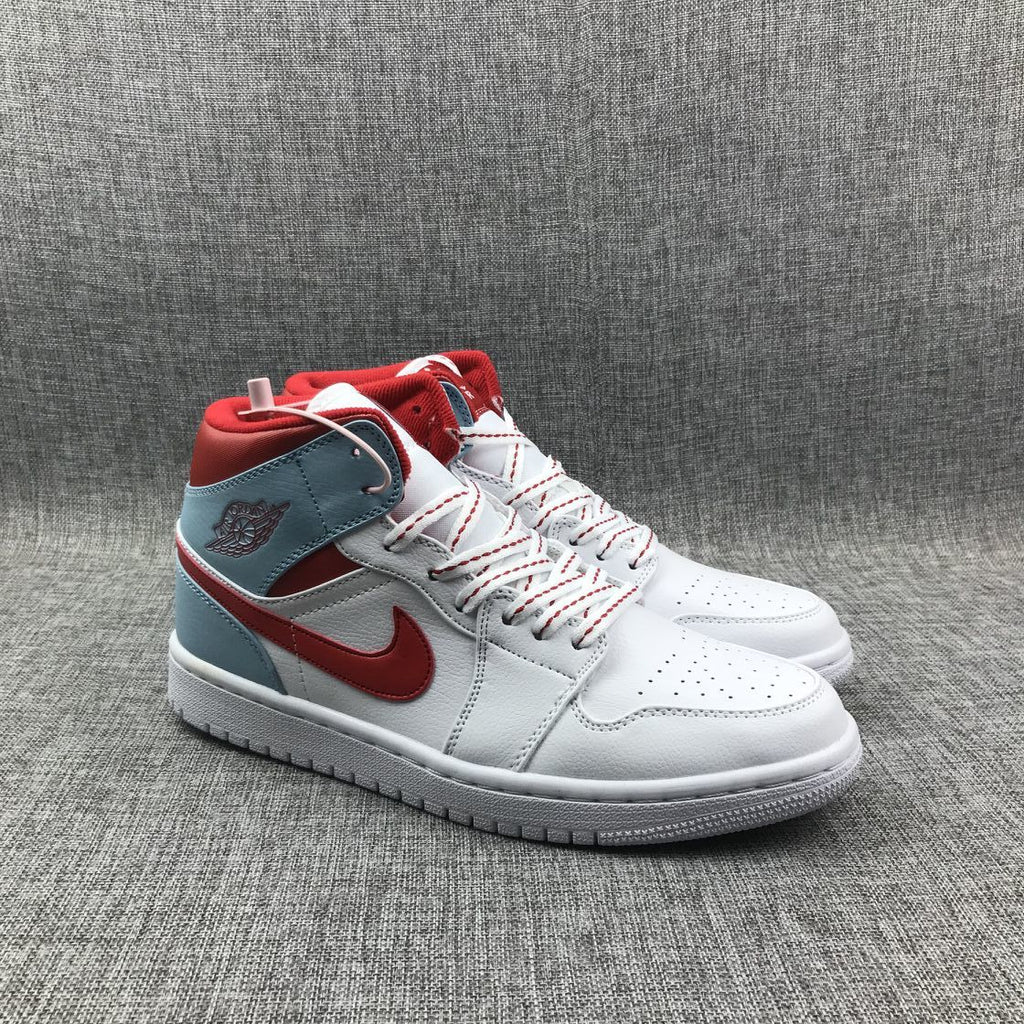 Air Jordan 1 Mid Ice Blue White and Red Sneakers 555112-104