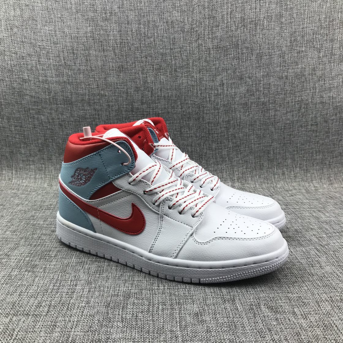 Air Jordan 1 Mid Ice Blue White and Red Sneakers 555112-104