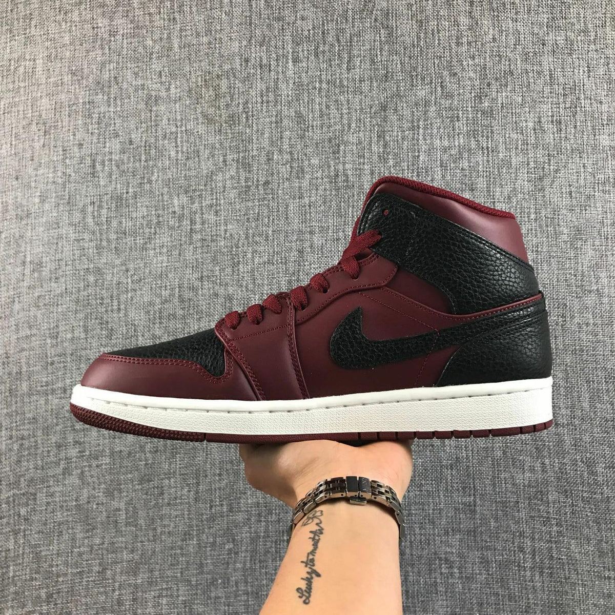 Air Jordan 1 Mid Black and Burgundy Sneakers 554724-601