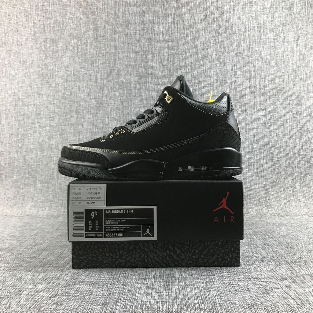 Air Jordan 3 BHM Black and Metallic Gold High-Top Sneakers
