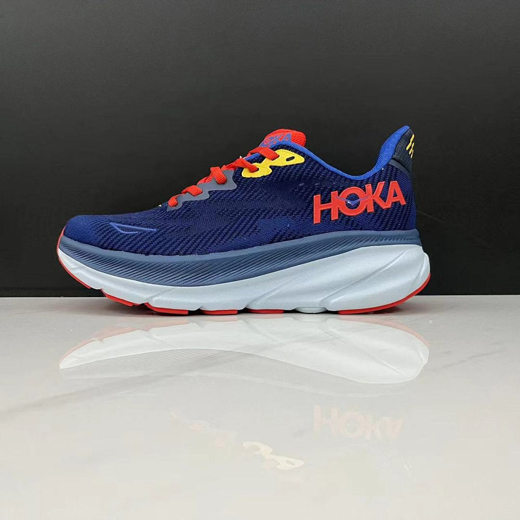 HOKA Clifton 9 Running Shoes in Navy, Red and Yellow