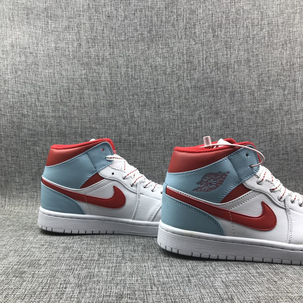 Air Jordan 1 Mid Ice Blue White and Red Sneakers 555112-104