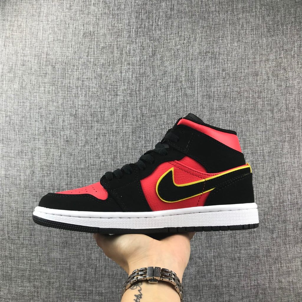 Air Jordan 1 Mid Black, Red and Volt Sneakers