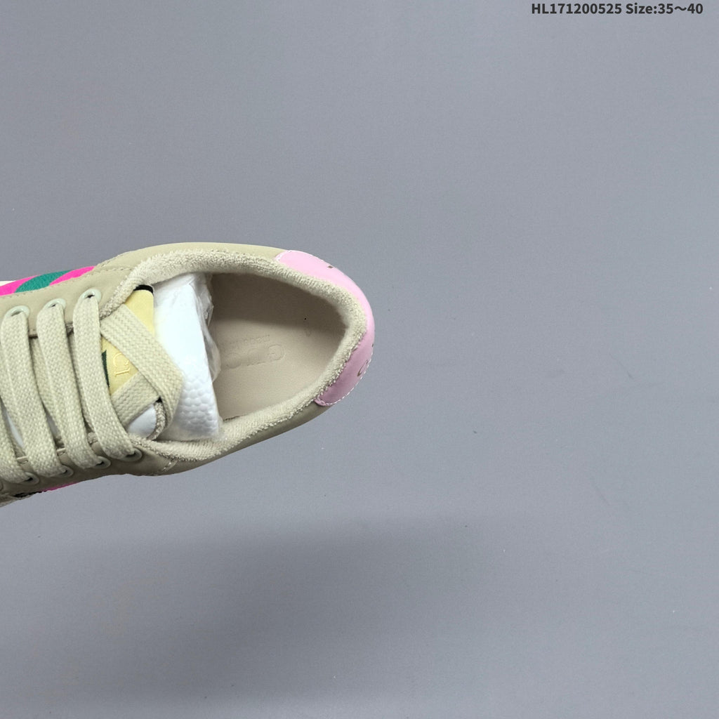 Gucci Screener Distressed Low-Top Sneakers Beige Pink Green