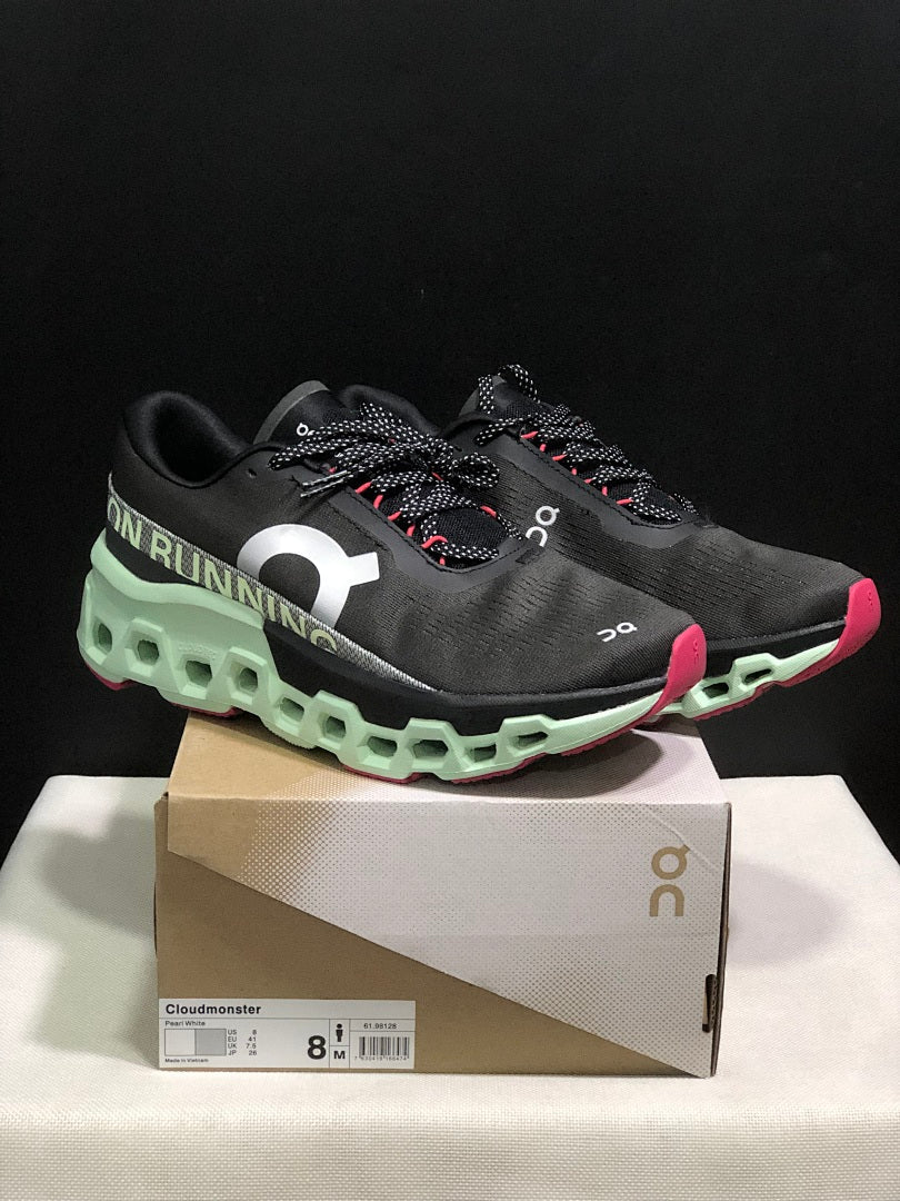 On Cloudmonster 2 Running Shoes, Black and Mint Green