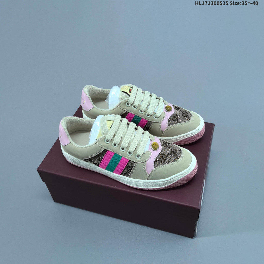 Gucci Screener Distressed Low-Top Sneakers Beige Pink Green