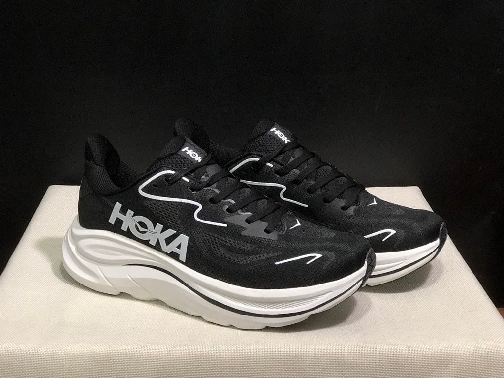 HOKA Clifton 10 Black and White Running Shoes