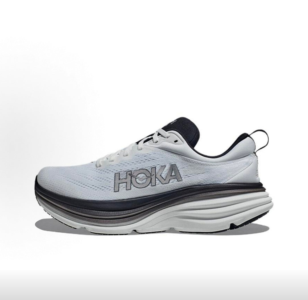 HOKA Bondi 8 White and Black Running Shoes
