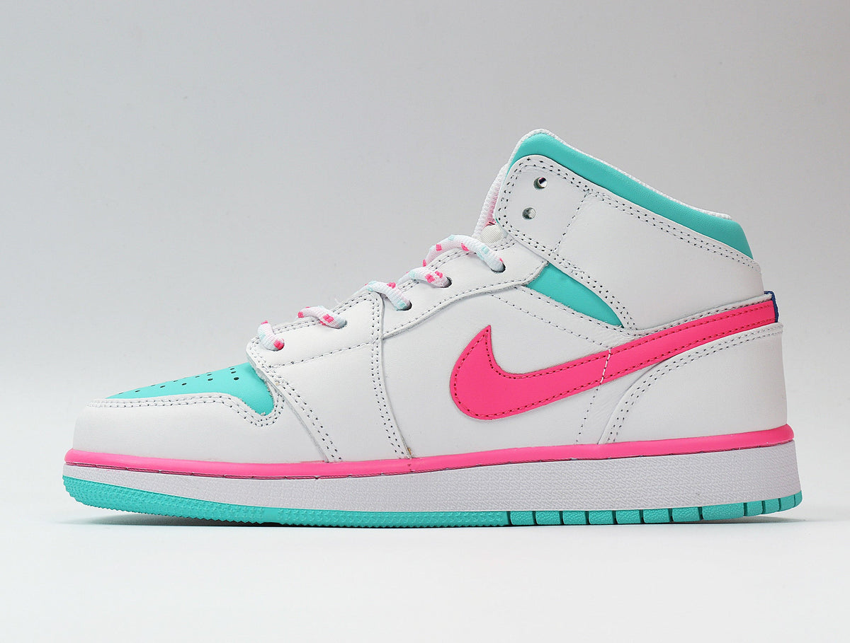 Jordan 1 Mid Sneakers White Pink Turquoise 555112-102